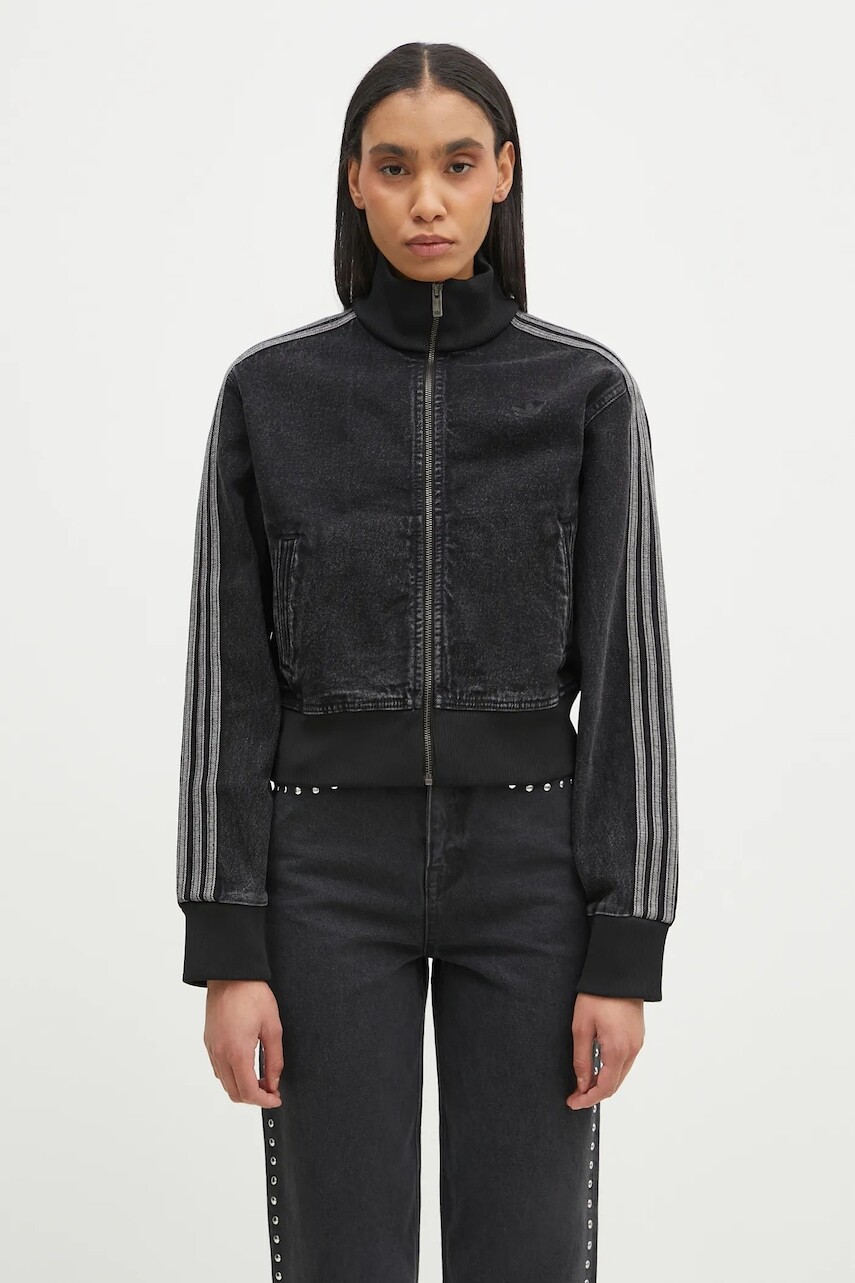 Bunda adidas Originals Adicolor Denim Tracktop dámska, čierna farba, vzorovaná, JD3110
