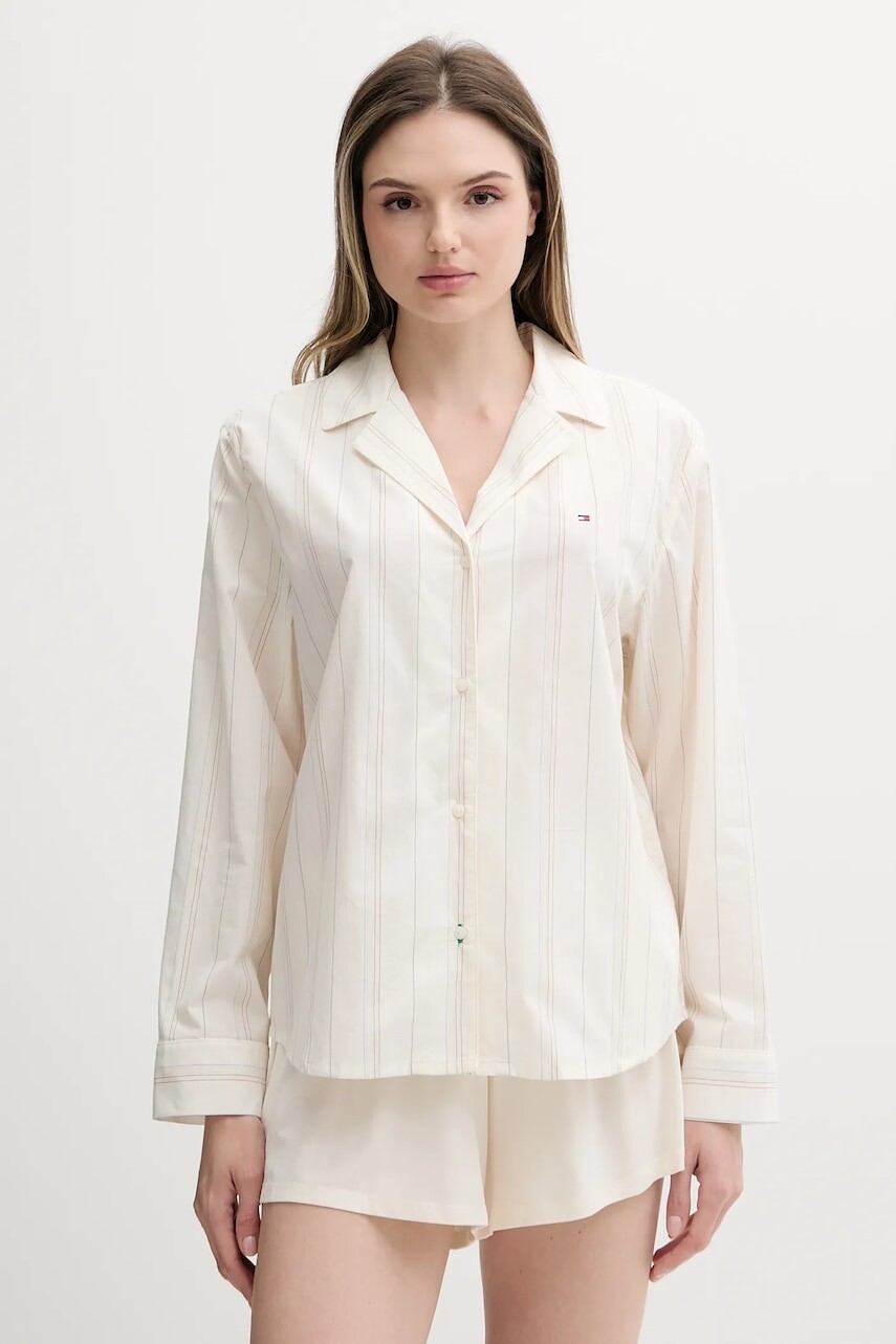 Bavlnená pyžamová košeľa Tommy Hilfiger béžová farba, bavlnená, UW0UW05764