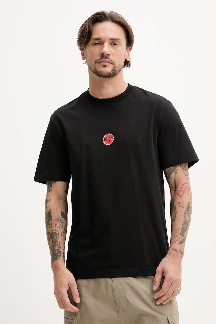 Bavlnené tričko HUGO pánske, čierna farba, s potlačou, 50530647