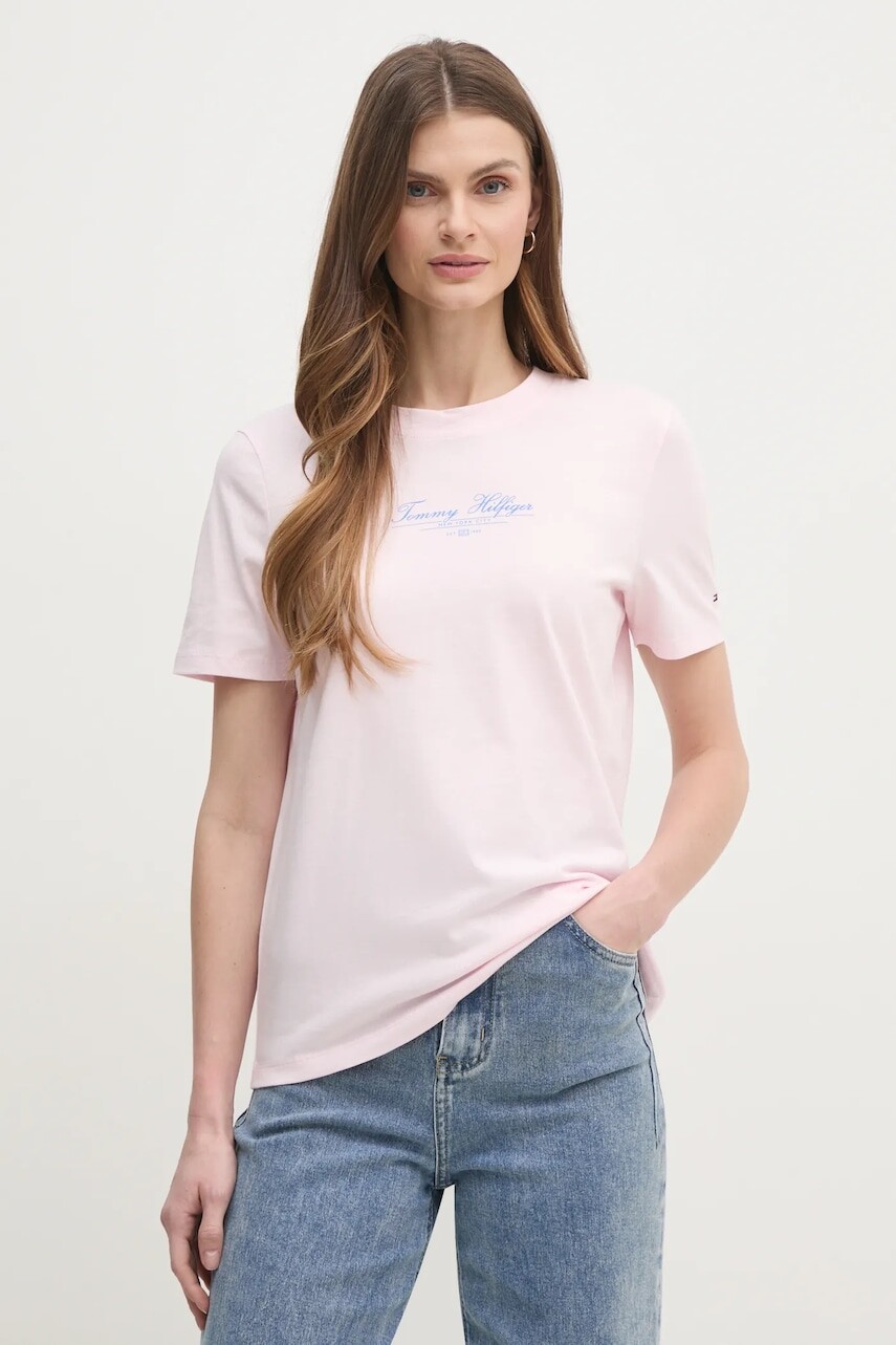 Bavlnené tričko Tommy Hilfiger dámske, ružová farba, WW0WW45428