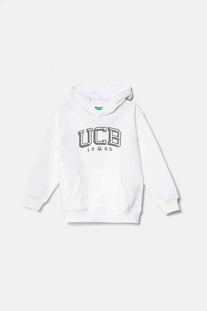 Detská bavlnená mikina United Colors of Benetton biela farba, s kapucňou, s potlačou, 3UNIC204R