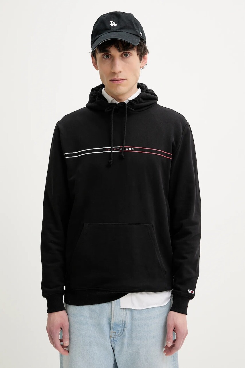 Bavlnená mikina Tommy Jeans pánska, čierna farba, s kapucňou, s potlačou, DM0DM20847
