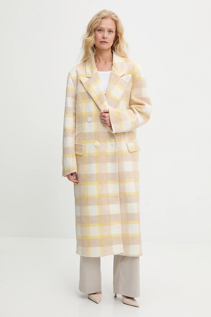 Vlnený kabát Answear.LAB dámsky, žltá farba, prechodný, dvojradový