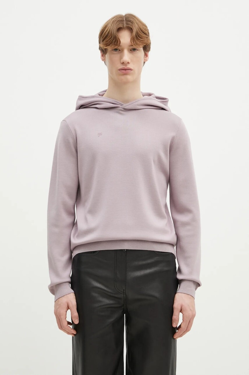 Vlnená mikina Pangaia fialová farba, s kapucňou, jednofarebná, 10001273