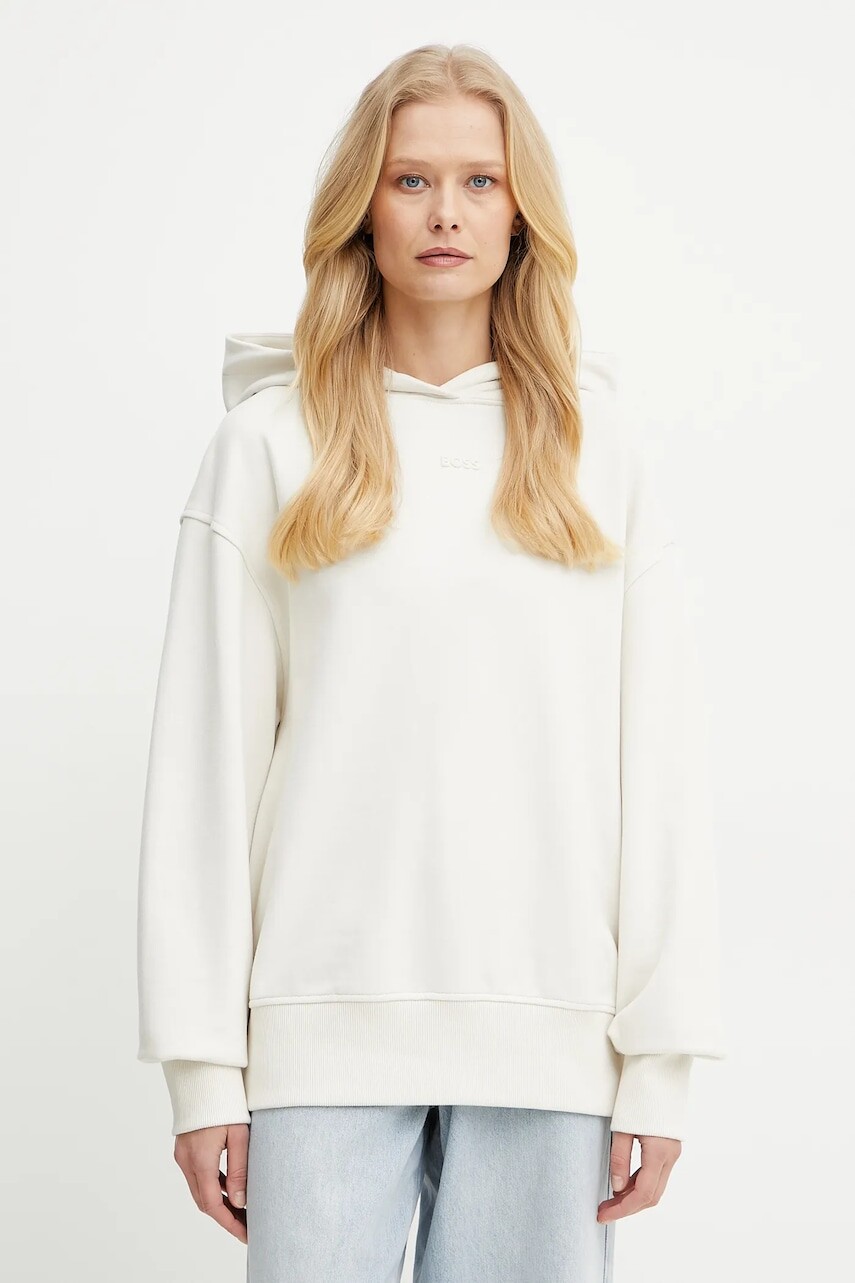 Bavlnená mikina BOSS Orange dámska, biela farba, s kapucňou, s nášivkou, 50534815