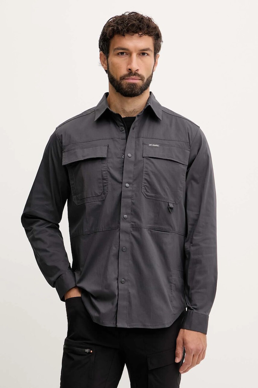 Košeľa Columbia Landroamer Twill pánska, šedá farba, regular, s klasickým golierom, 2120581