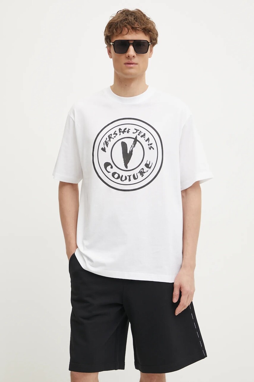 Bavlnené tričko Versace Jeans Couture pánske, biela farba, s potlačou, 78GAHE08 CJ00E