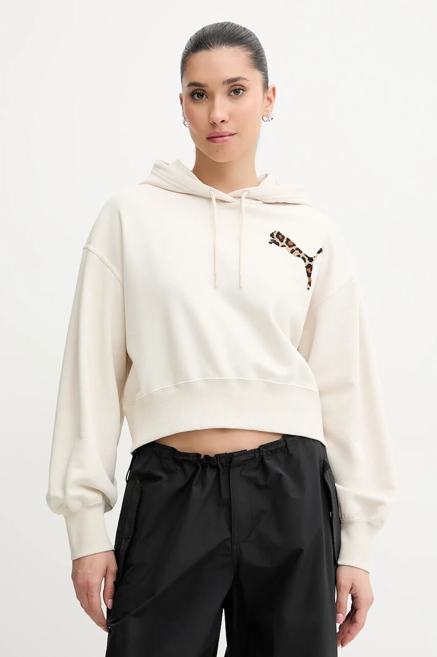 Mikina Puma dámska, béžová farba, s kapucňou, s nášivkou, 632338