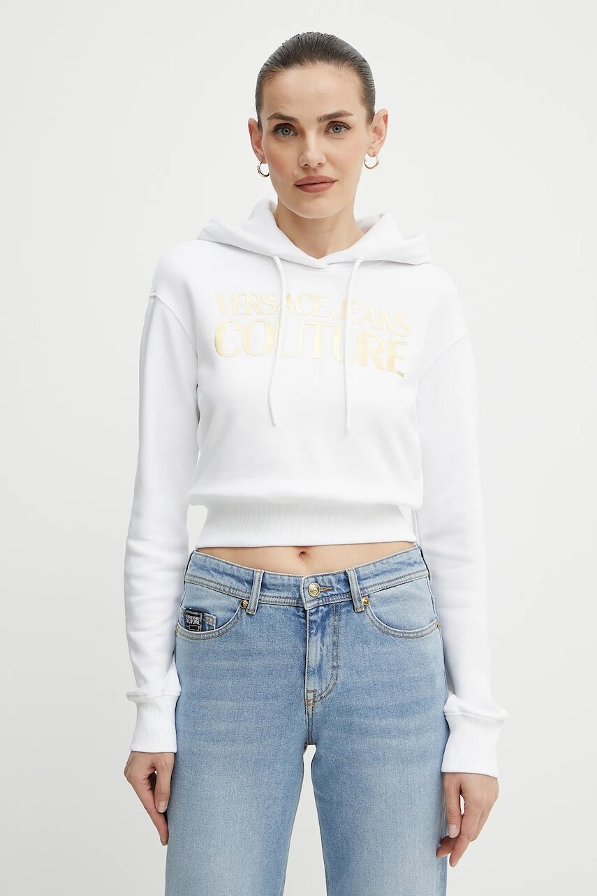 Bavlnená mikina Versace Jeans Couture dámska, biela farba, s kapucňou, s potlačou, 78HAIT01 CF01T