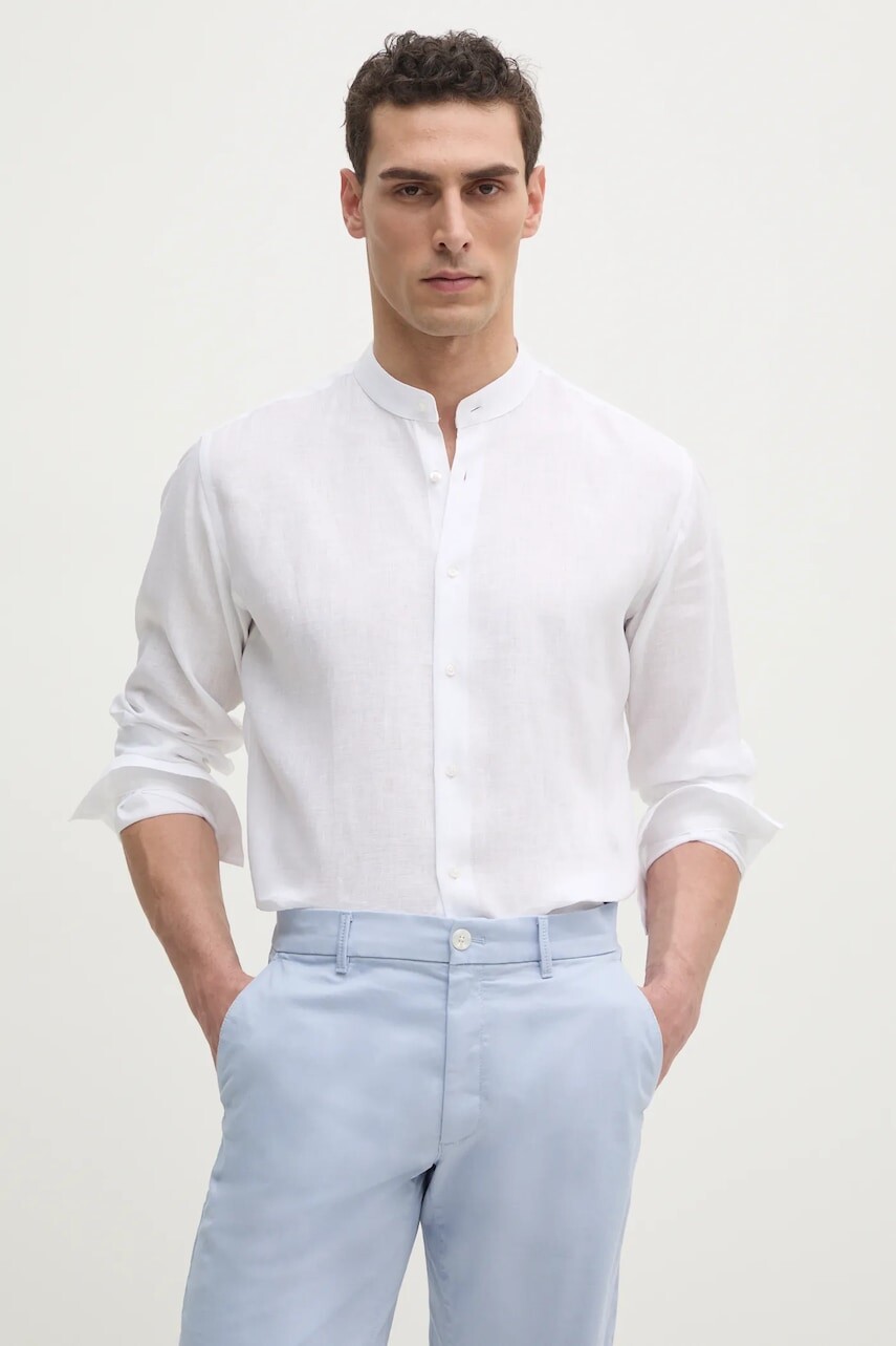 Ľanová košeľa Karl Lagerfeld pánska, biela farba, regular, so stojačikom, 552667.605035