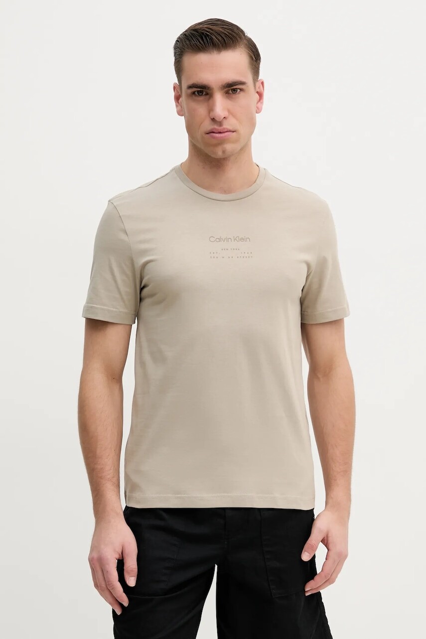Bavlnené tričko Calvin Klein pánske, béžová farba, s potlačou, K10K114172