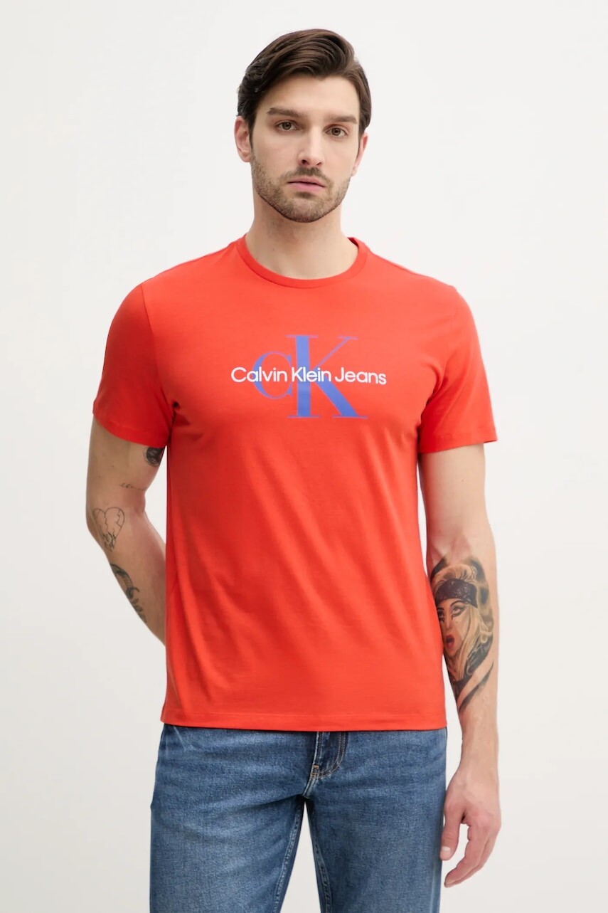 Bavlnené tričko Calvin Klein Jeans pánske, červená farba, s potlačou, LV040EM286