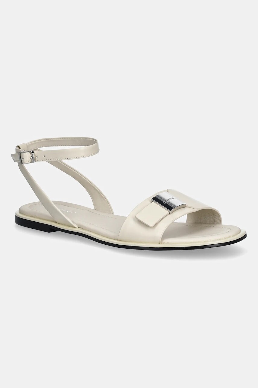 Kožené sandále Calvin Klein FLAT SANDAL W/CK HW - LTH dámske, béžová farba, HW0HW02367