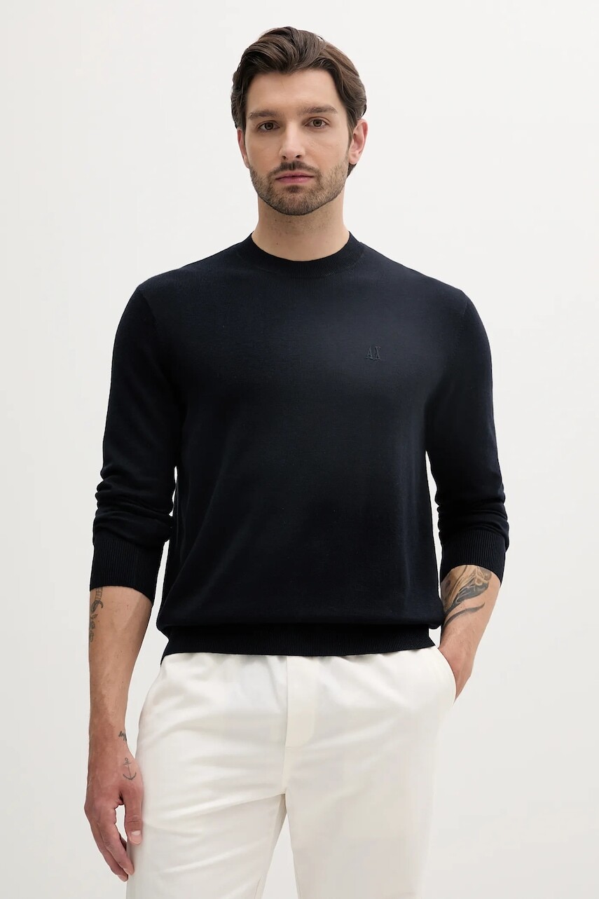 Sveter s prímesou hodvábu Armani Exchange pánske, tmavomodrá farba, tenké, XM000338 AF12291