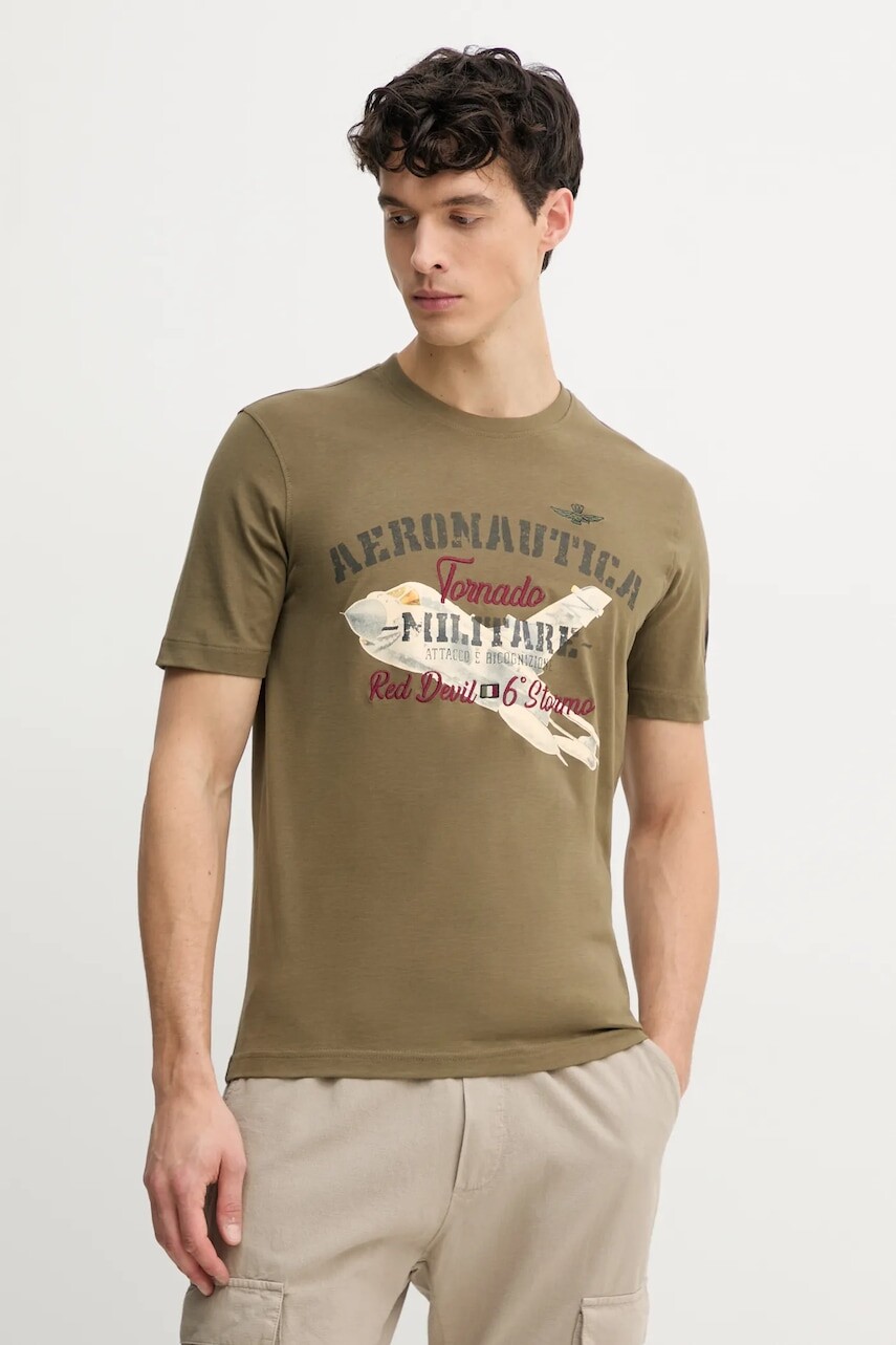 Bavlnené tričko Aeronautica Militare pánske, zelená farba, s potlačou, TS2406J641