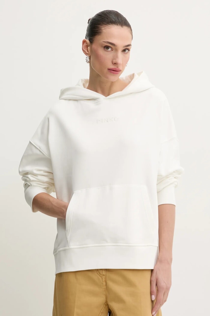 Bavlnená mikina Pinko dámska, biela farba, s kapucňou, s nášivkou, 104623 A2F9