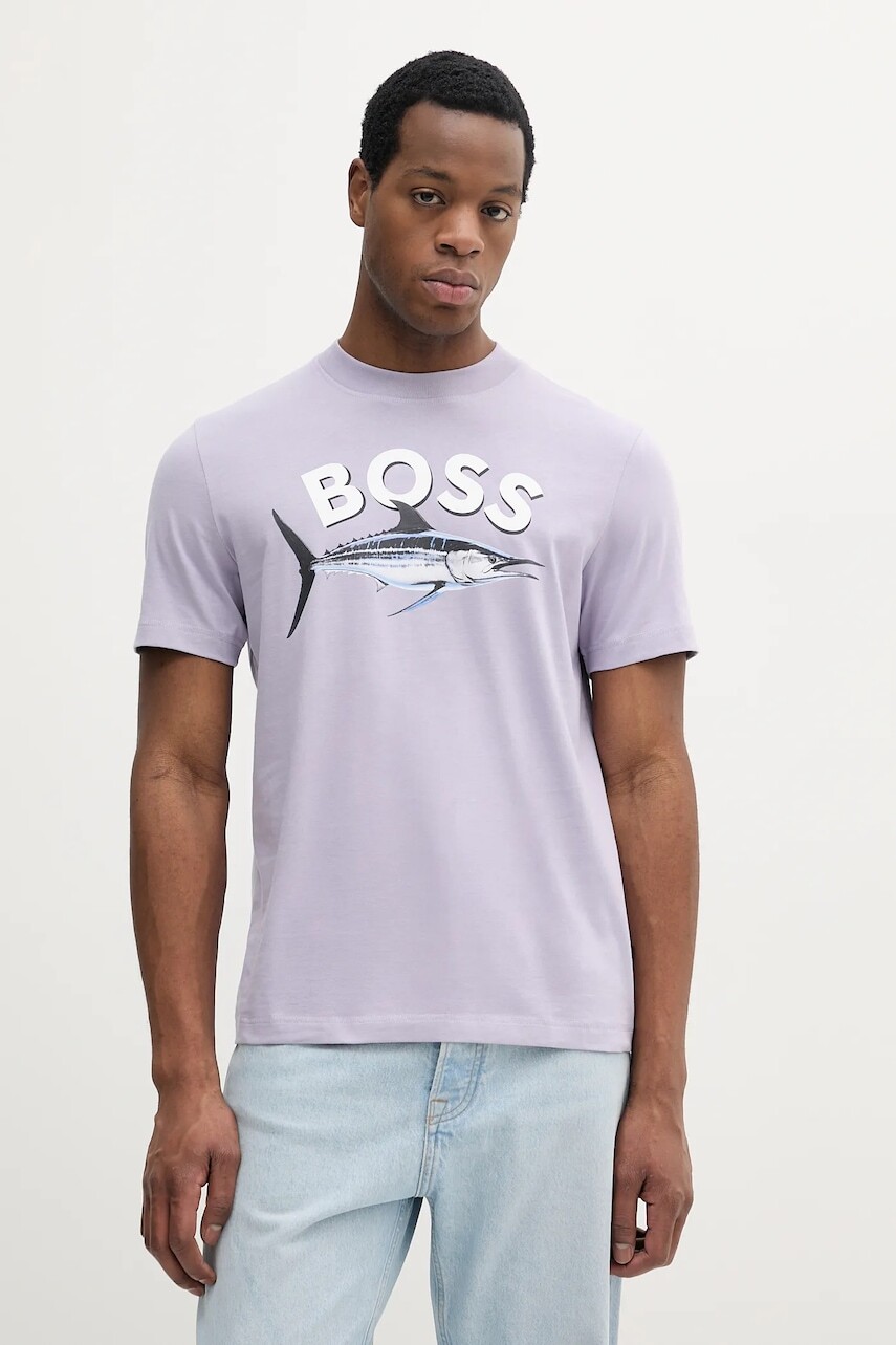 Bavlnené tričko BOSS Orange pánske, fialová farba, s potlačou, 50539196