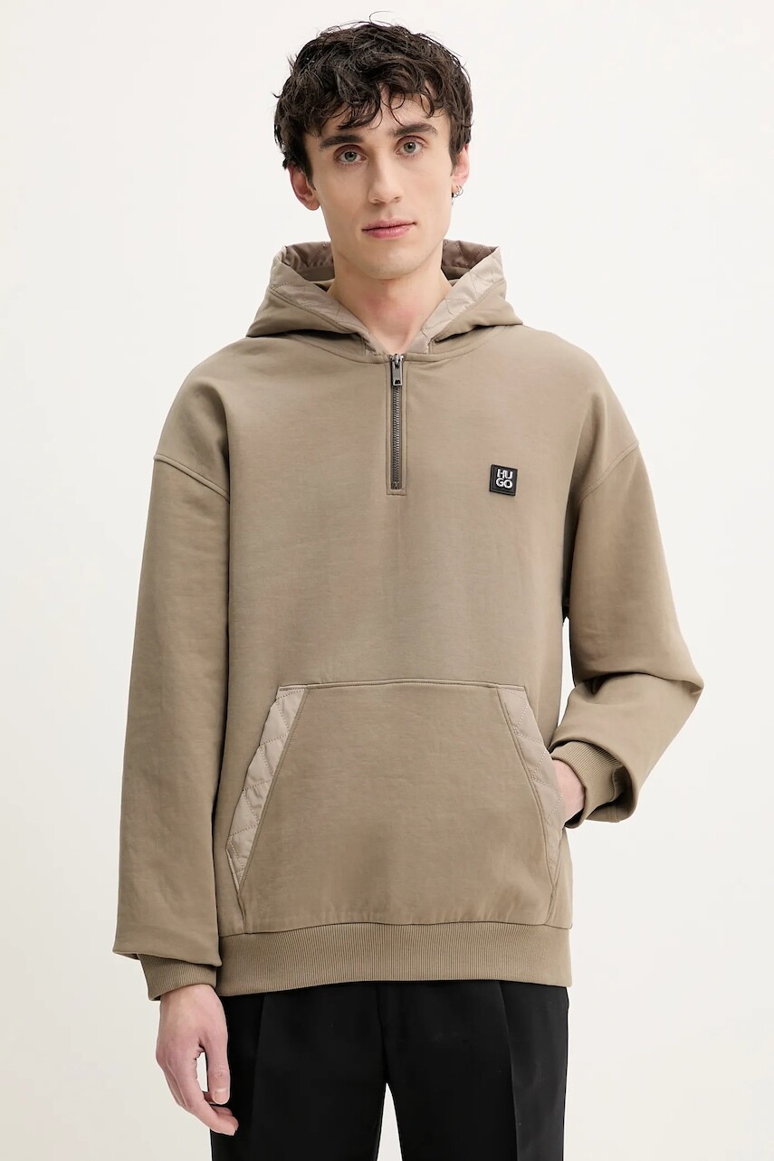 Mikina HUGO pánska, béžová farba, s kapucňou, jednofarebná, 50536348