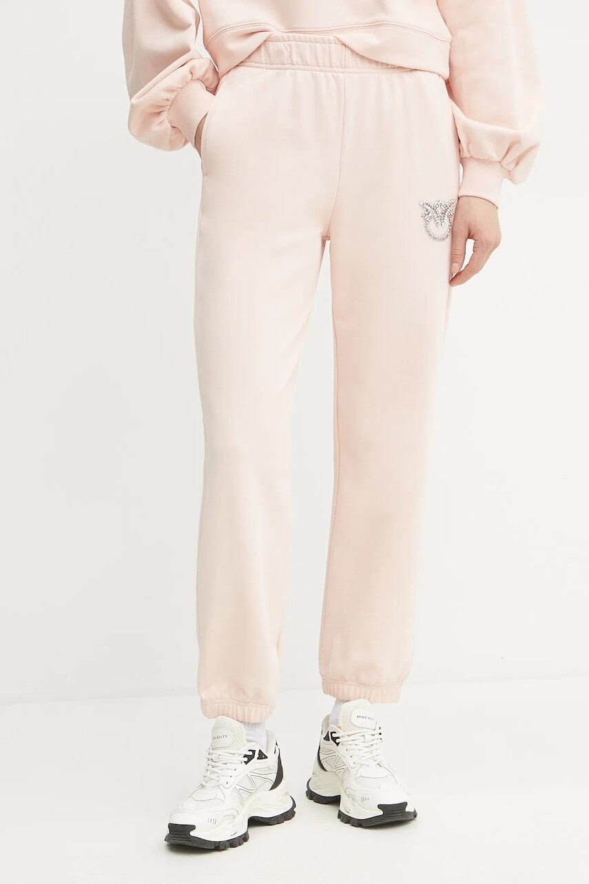 Bavlnené tepláky Pinko dámske, béžová farba, s nášivkou, 104790 A2G8