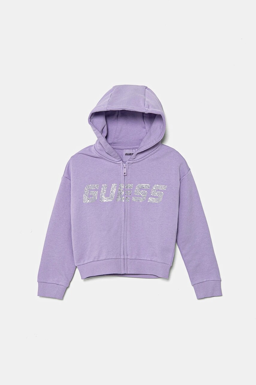 Detská bavlnená mikina Guess fialová farba, s kapucňou, s nášivkou, J5GQ07 KCRP0