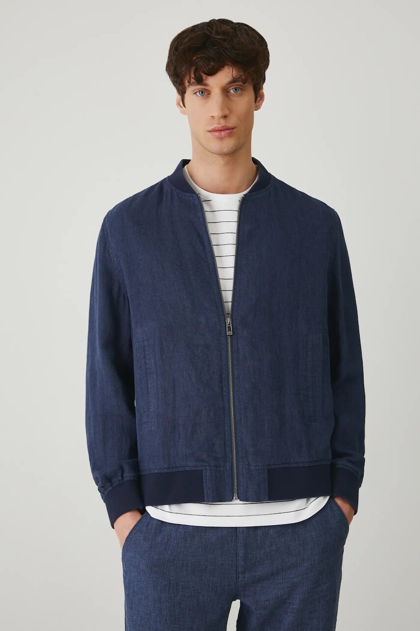 Ľanová bomber bunda Medicine pánska, tmavomodrá farba, prechodná