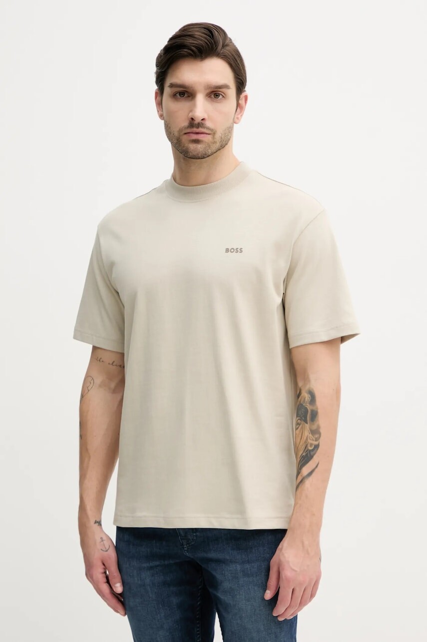 Bavlnené tričko BOSS Orange pánske, béžová farba, s potlačou, 50539188