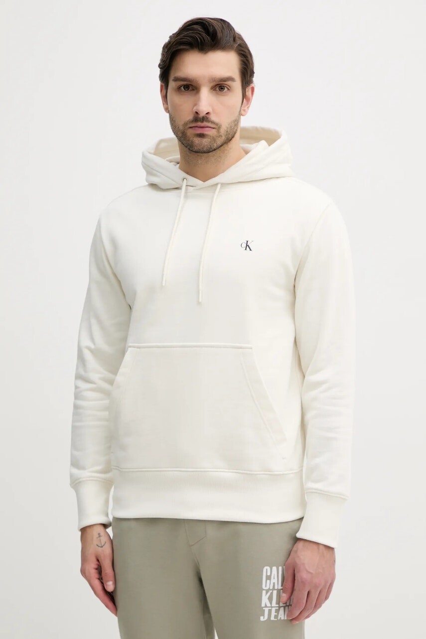 Bavlnená mikina Calvin Klein Jeans pánska, béžová farba, s kapucňou, s potlačou, J30J327526
