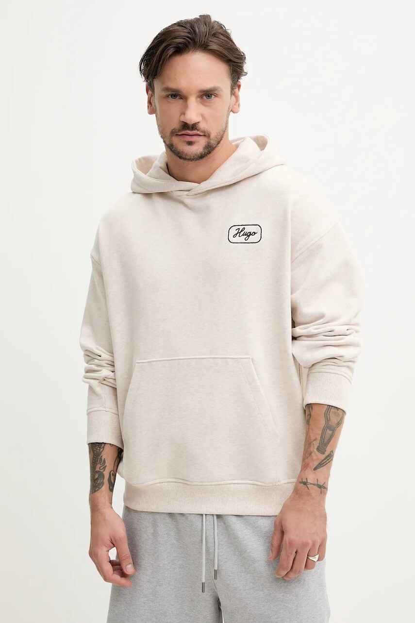 Bavlnená mikina Hugo Blue pánska, béžová farba, s kapucňou, vzorovaná, 50545939