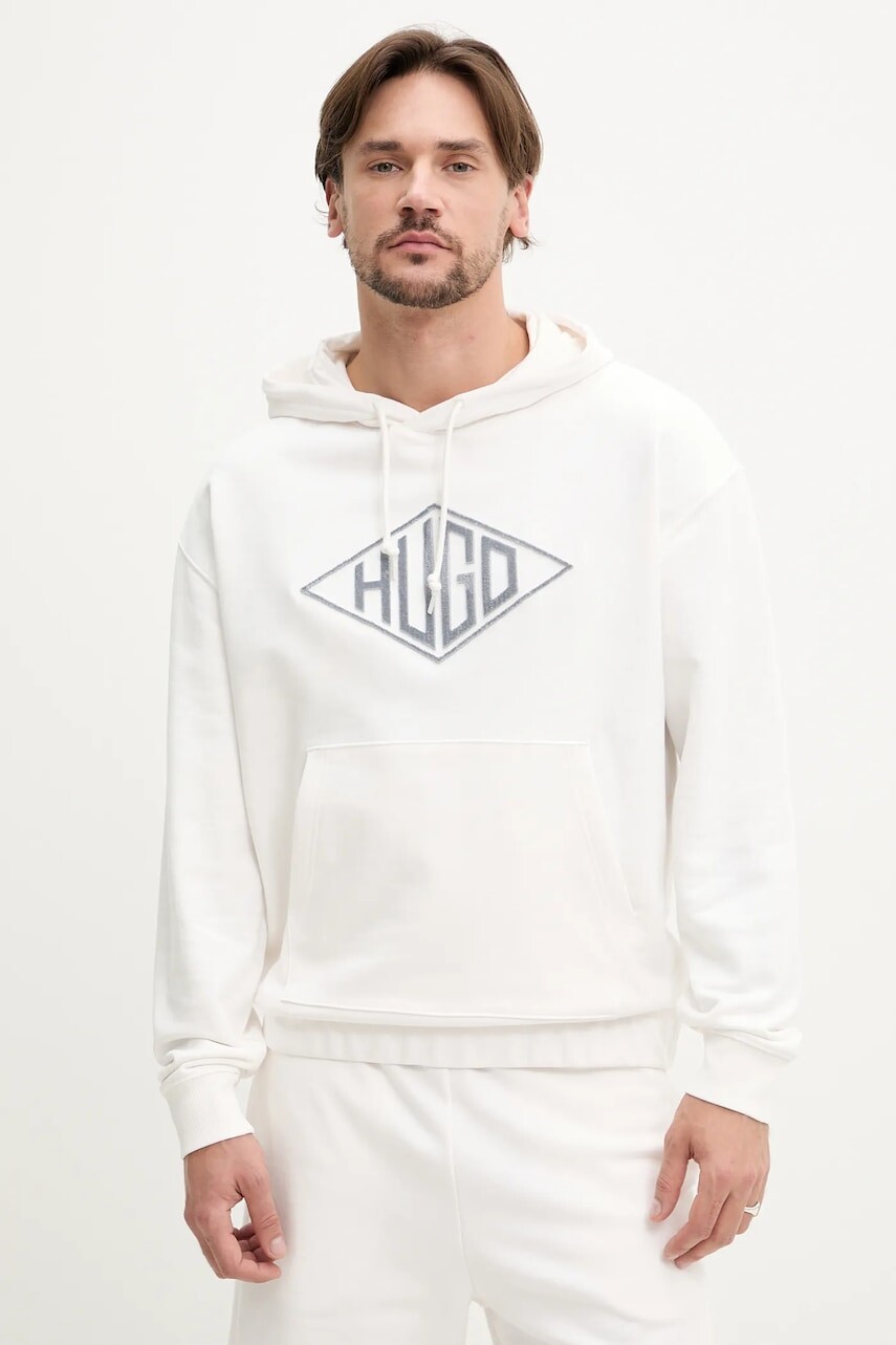 Bavlnená mikina HUGO pánska, biela farba, s kapucňou, s nášivkou, 50534947