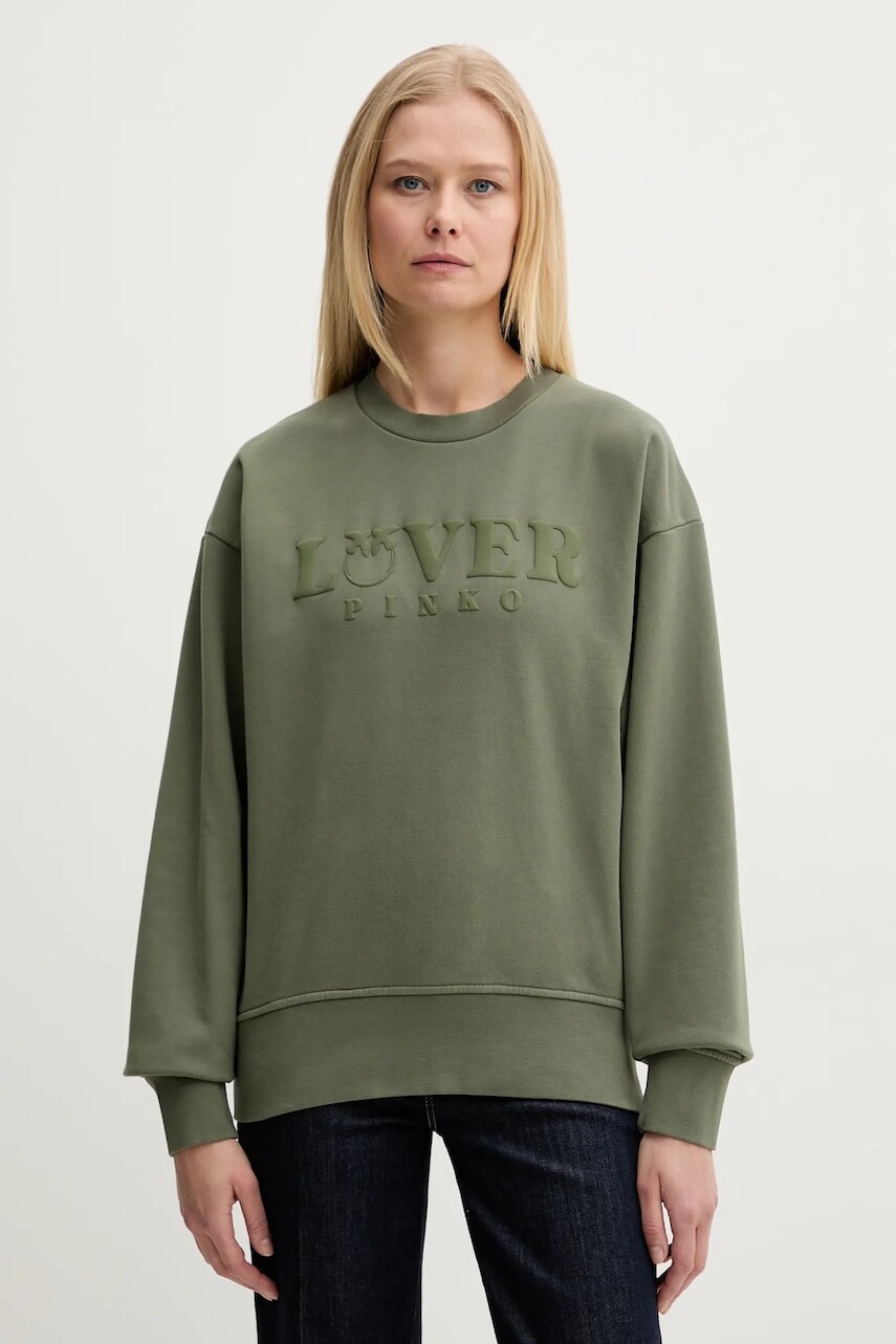 Bavlnená mikina Pinko dámska, zelená farba, s potlačou, 104618 A2DC