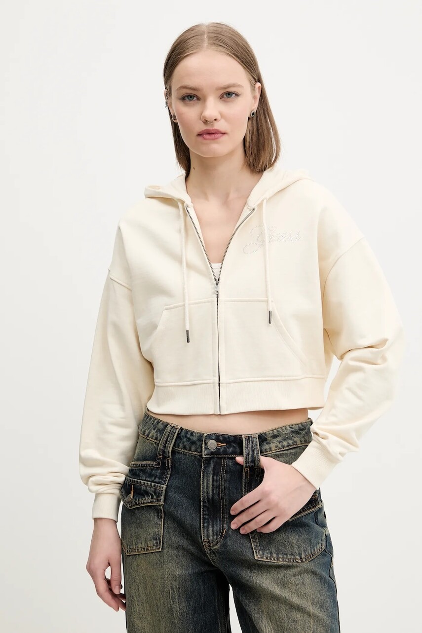 Bavlnená mikina Guess Originals dámska, béžová farba, s kapucňou, jednofarebná, W5RQ13 K68I1