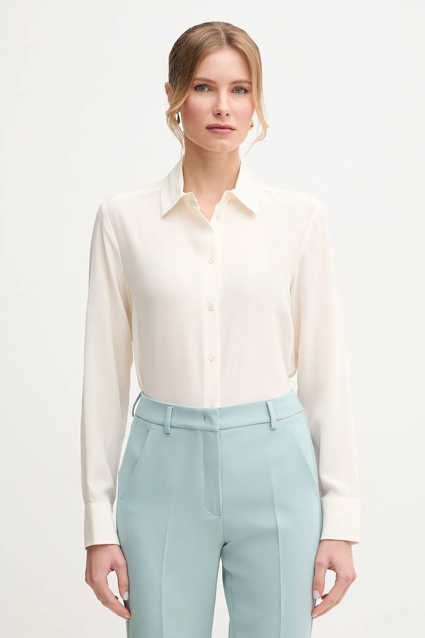 Hodvábna košeľa Weekend Max Mara dámska, béžová farba, voľný strih, s klasickým golierom, 2515111161600