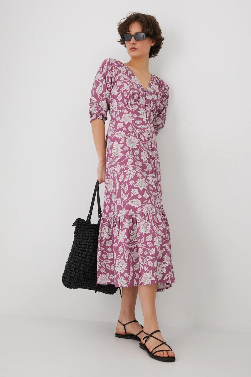 Šaty s prímesou ľanu Medicine ružová farba, midi, áčkový strih