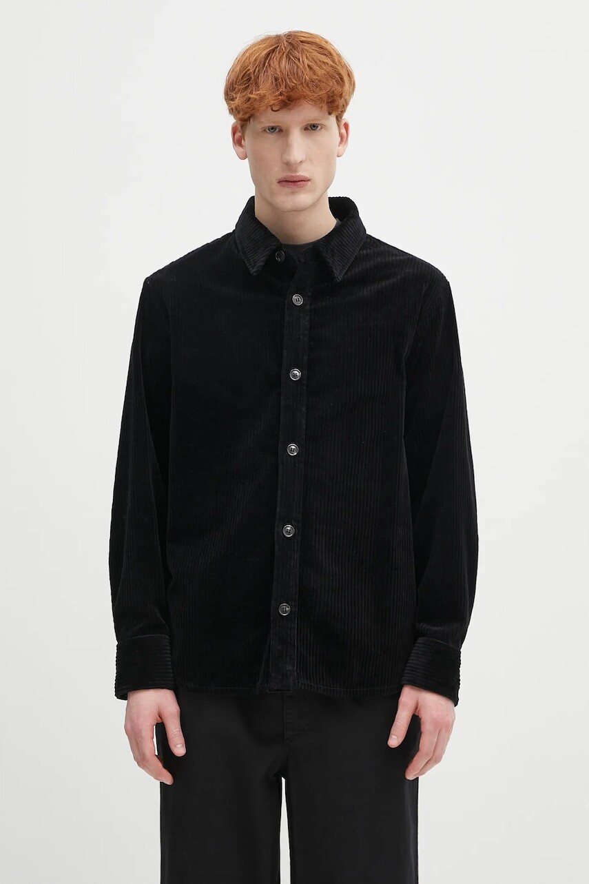 Menčestrová košeľa A.P.C. surchemise boris pánska, čierna farba, voľný strih, s klasickým golierom, COHDW.H02811