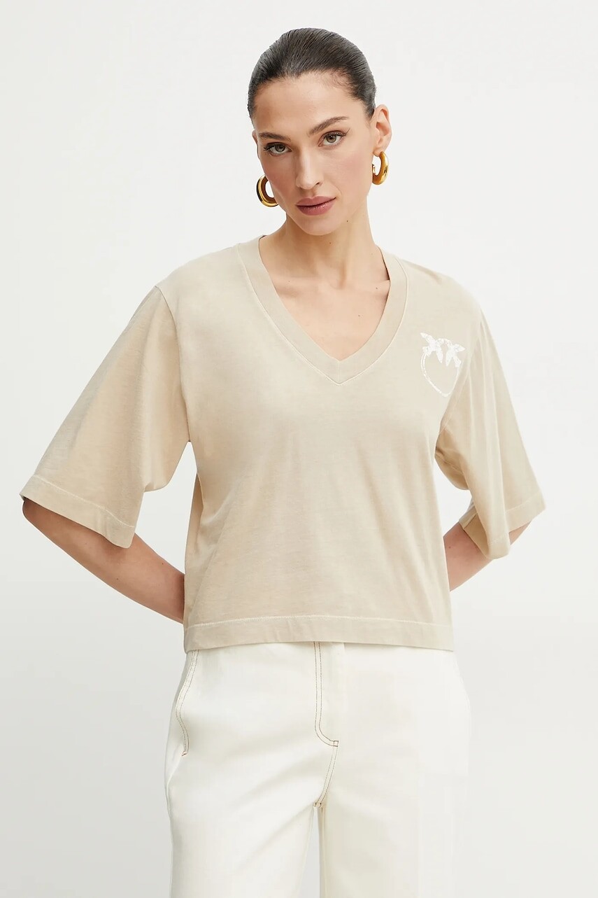 Bavlnené tričko Pinko dámske, béžová farba, 104606 A2D0