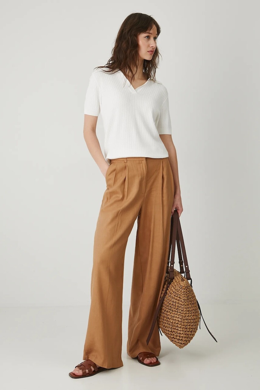 Nohavice s prímesou ľanu Medicine dámske, hnedá farba, široké, stredne vysoký pás