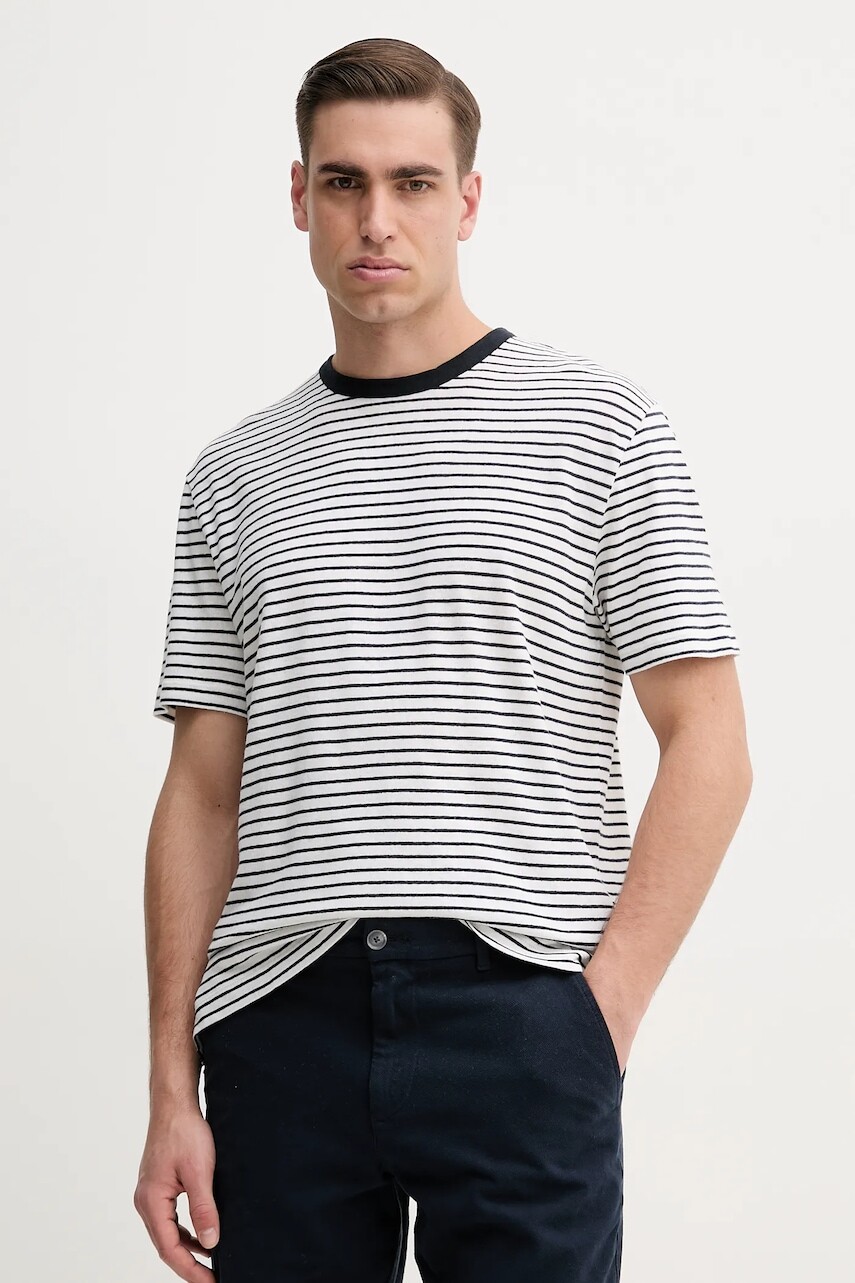 Tričko s prímesou ľanu BOSS pánske, tmavomodrá farba, vzorovaný, 50537498