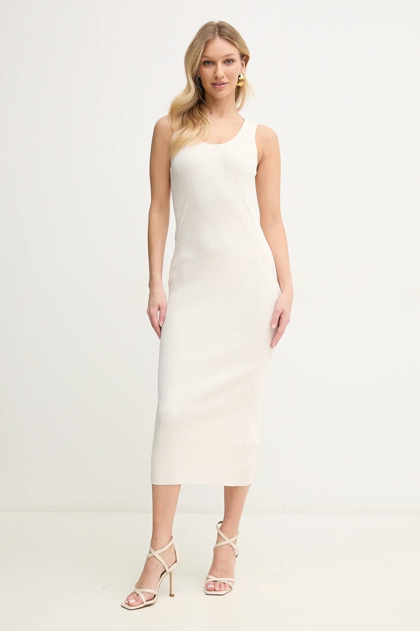 Šaty Armani Exchange béžová farba, midi, priliehavé, XW000576 AF12740