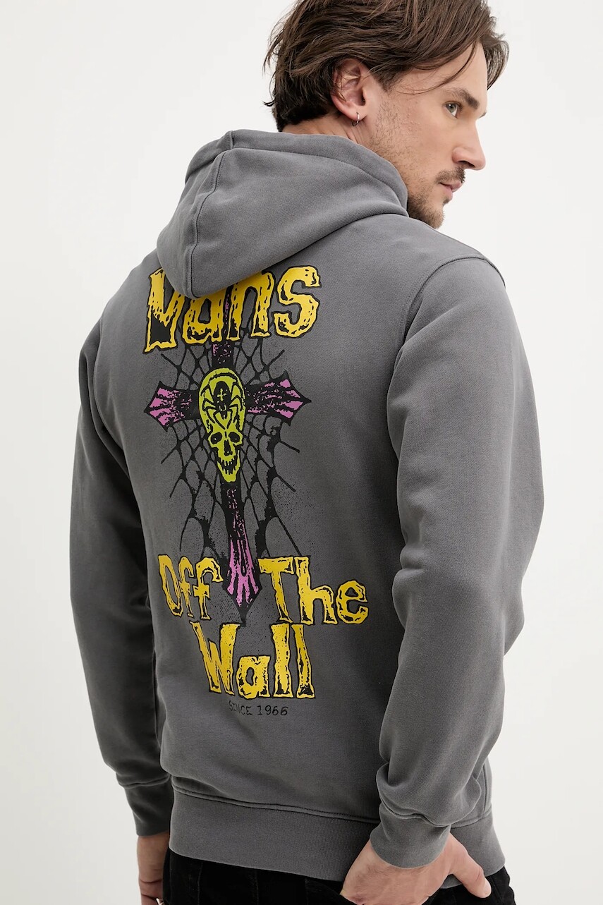 Bavlnená mikina Vans pánske, šedá farba, s kapucňou, s potlačou, VN000NWP1O71