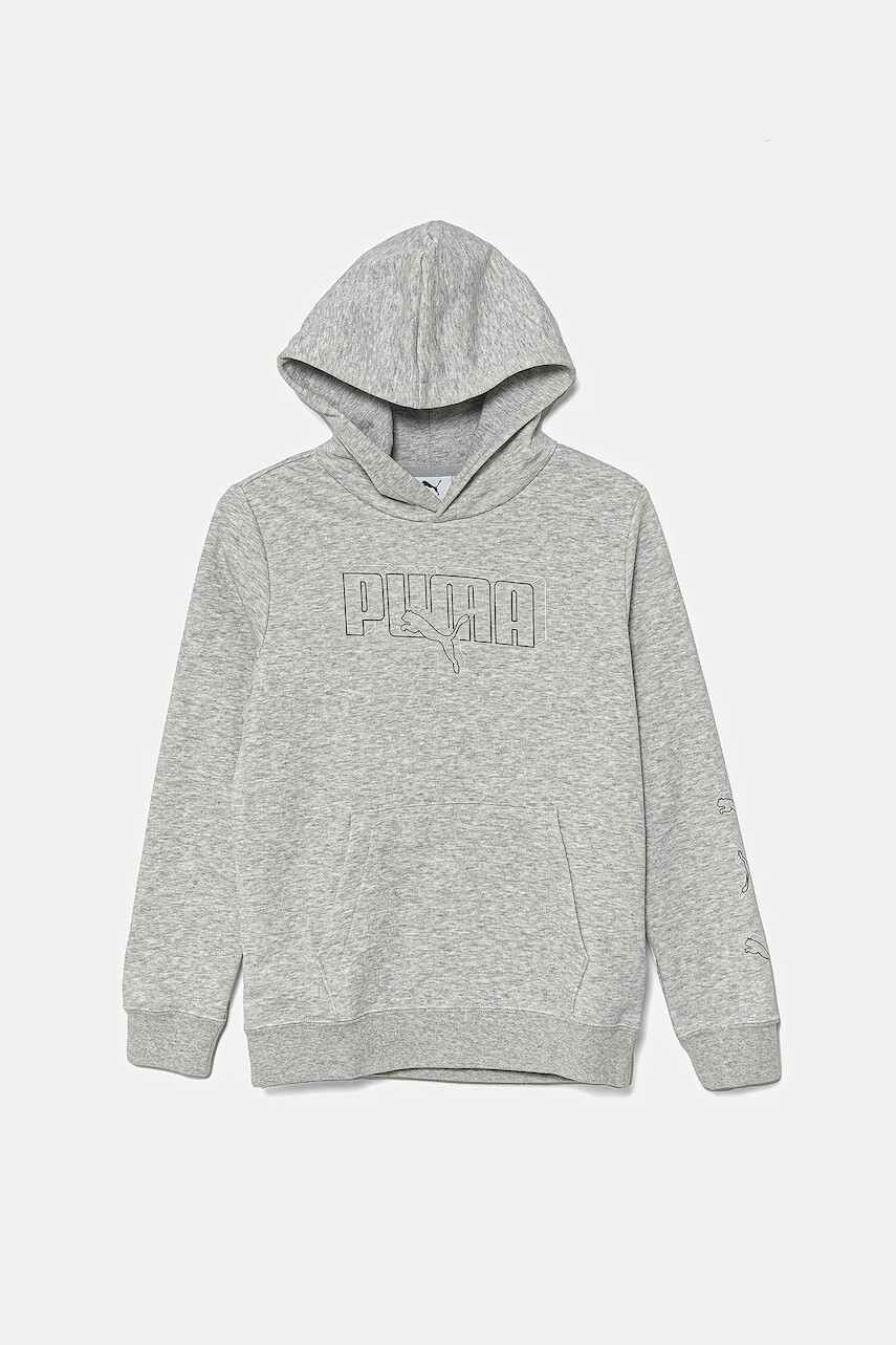 Detská bavlnená mikina Puma ESS LOGO LAB Execution Hoodie TR šedá farba, s kapucňou, s potlačou, 685789