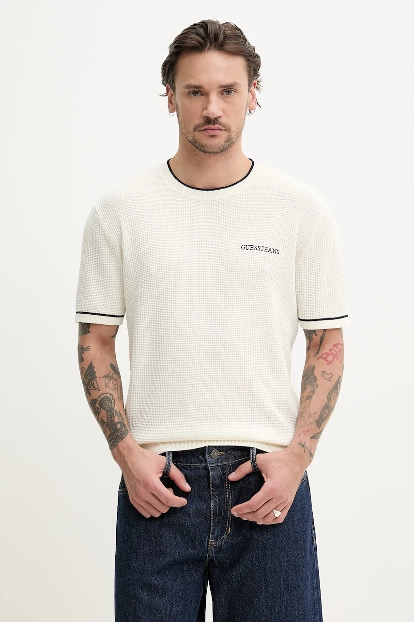 Bavlnené tričko Guess Jeans pánske, béžová farba, jednofarebné, M5GR17 Z3HM1