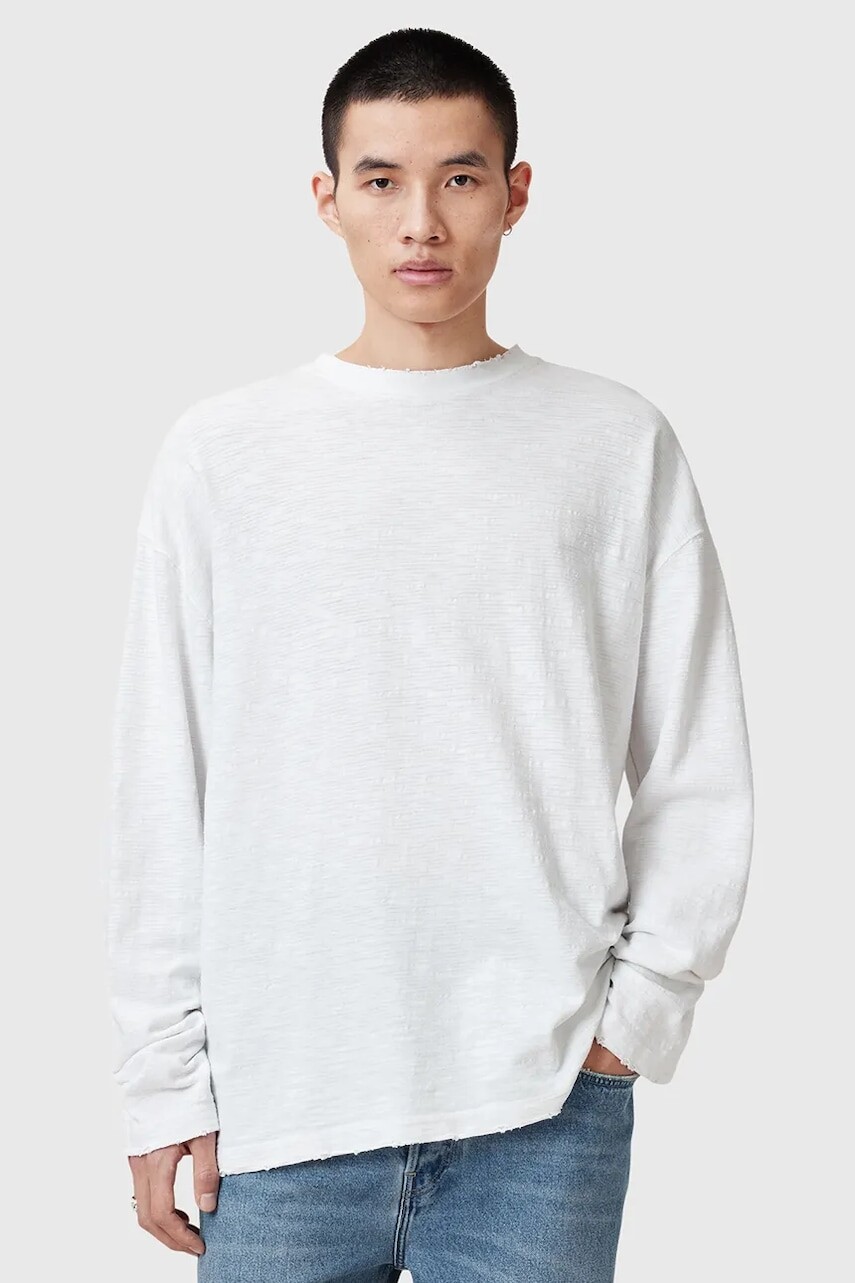 Bavlnené tričko s dlhým rukávom AllSaints FOSTER pánske, biela farba, jednofarebné, M026JC