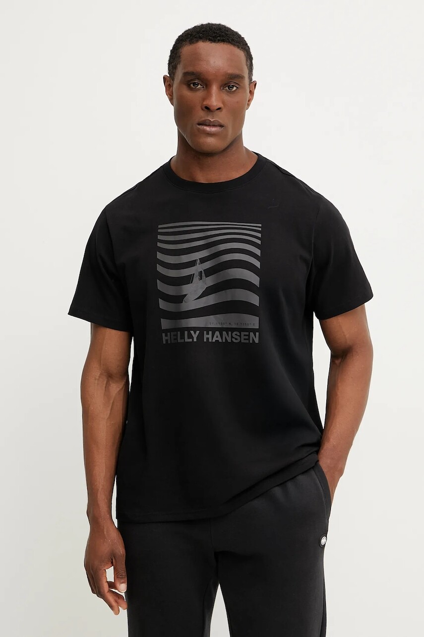 Bavlnené tričko Helly Hansen SHORELINE pánske, čierna farba, s potlačou, 54601