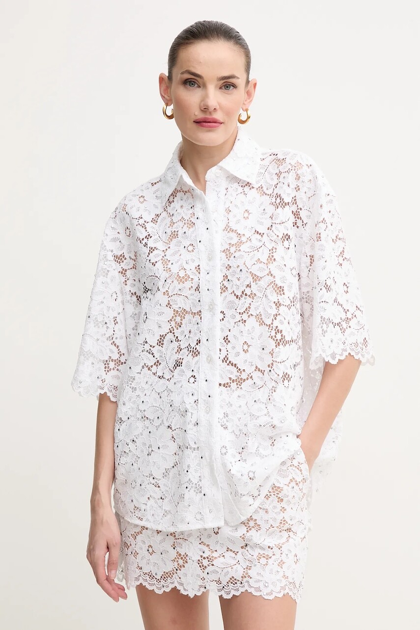 Košeľa MICHAEL Michael Kors dámska, biela farba, voľný strih, s klasickým golierom, MS540SXGTA