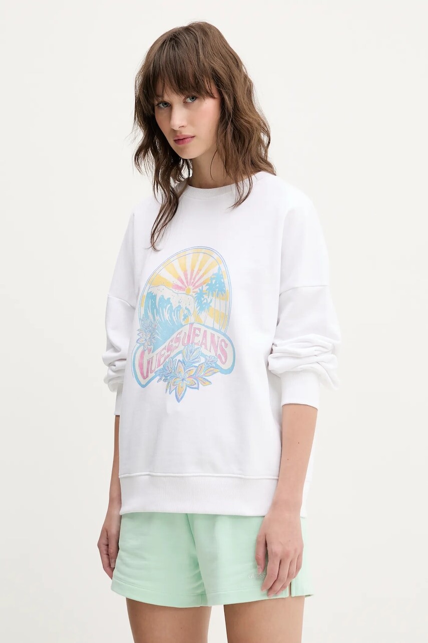 Bavlnená mikina Guess Jeans dámska, biela farba, s potlačou, W5GQ16 K68I4
