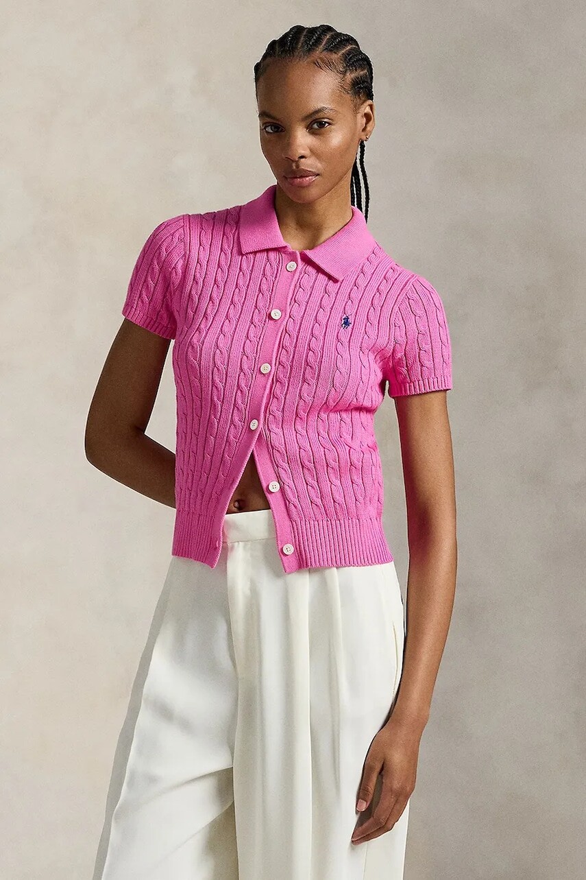 Bavlnená košeľa Polo Ralph Lauren dámska, ružová farba, slim, s klasickým golierom, 211963486