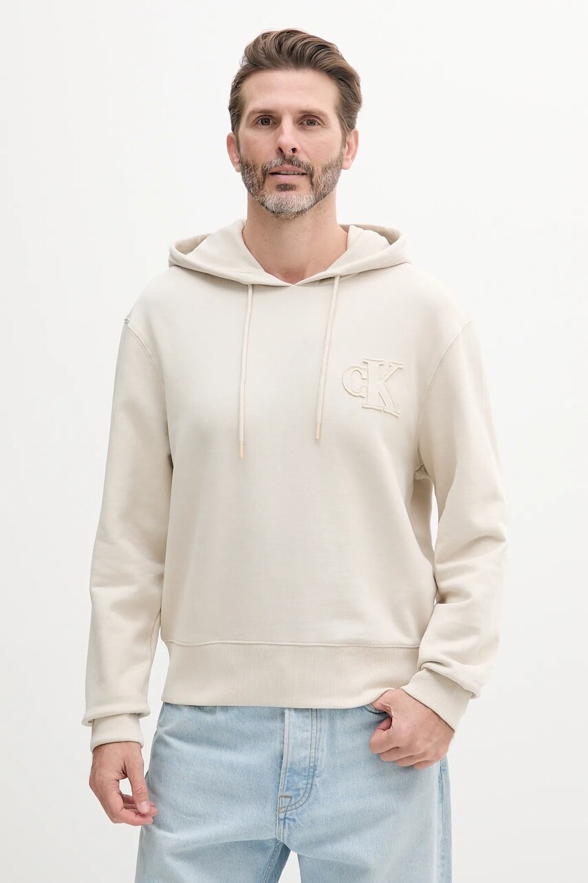 Bavlnená mikina Calvin Klein Jeans pánska, béžová farba, s kapucňou, s nášivkou, J30J327245