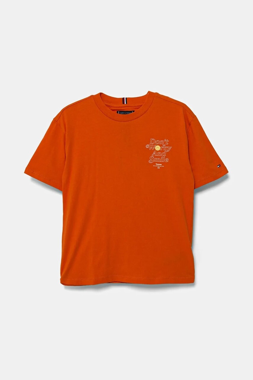 Detské bavlnené tričko Tommy Hilfiger oranžová farba, s potlačou, KB0KB09650
