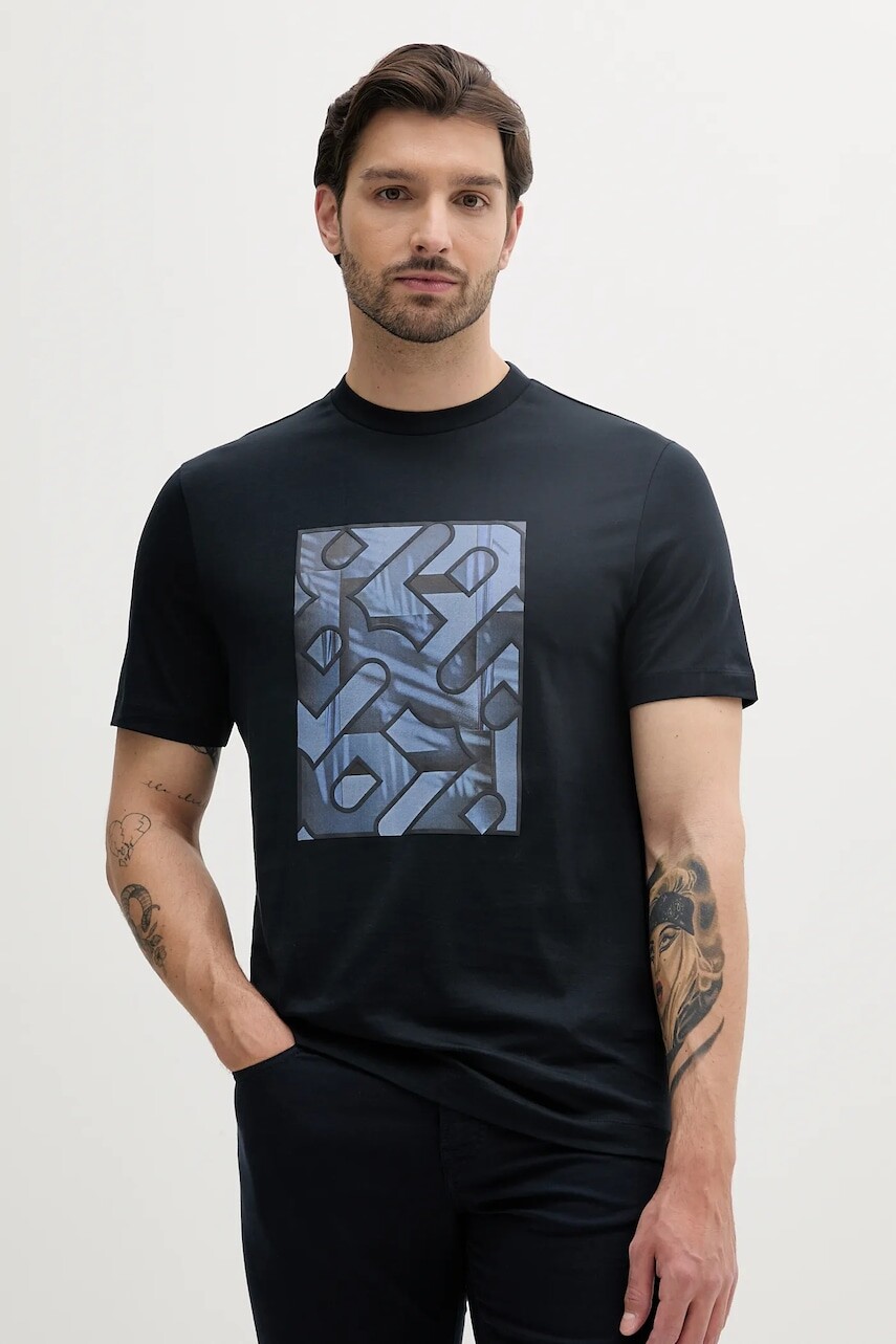 Bavlnené tričko BOSS pánske, tmavomodrá farba, s potlačou, 50538438