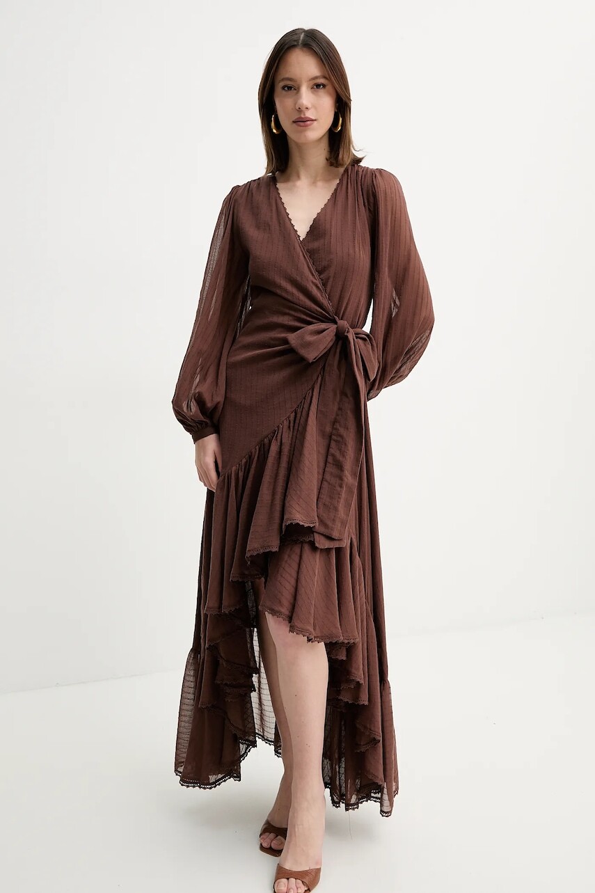 Bavlnené šaty Marciano by Guess ELSA hnedá farba, midi, rovný strih, 5GGK53 7317A